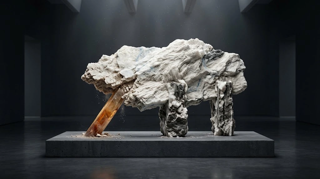 A wide horizontal mineral block rests on two upright white stone legs and one slanted amber support.