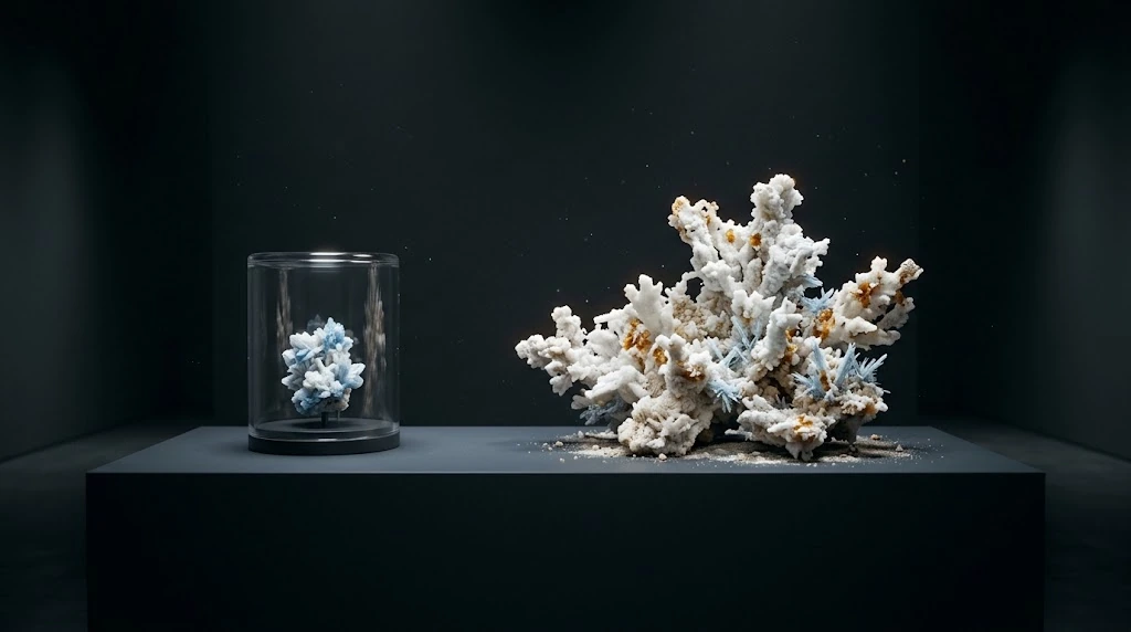 Cam silindir içindeki küçük mavi kristalin yanında, farklı renkli dalları açıkta büyüyen büyük beyaz mineral heykel bulunuyor.