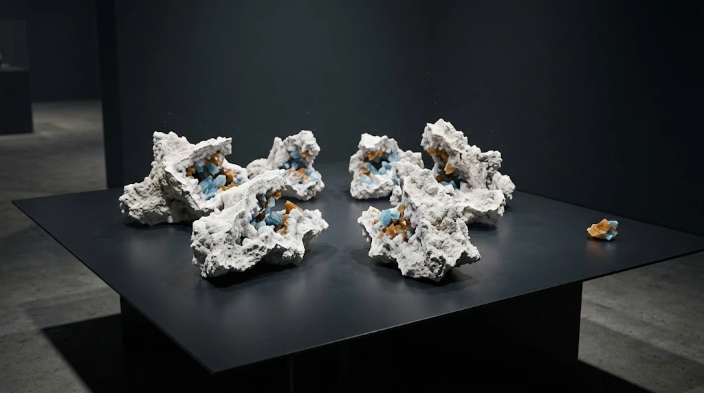 Blue and amber pieces appear in the inner hollows of four separate white mineral clusters on the same dark table.