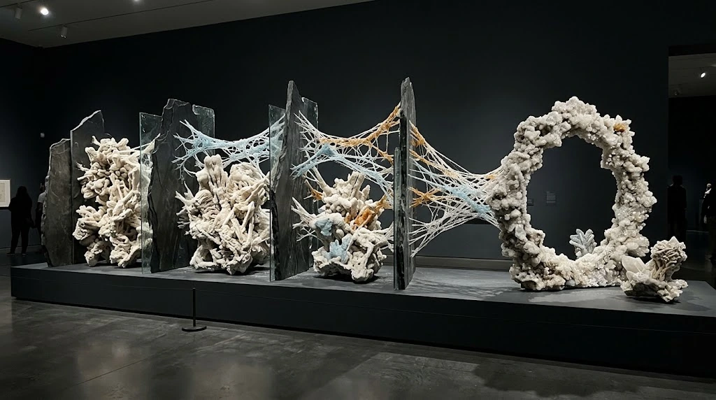Mineral clusters in separate dark compartments are connected by white, blue and amber threads to an open ring on the right.