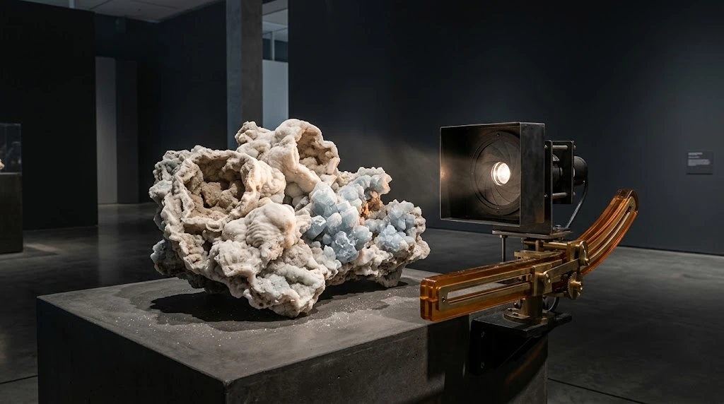 Opposite a white and ice-blue mineral cluster, the aperture of a dark light apparatus on an amber rail is narrowed by a small iris.