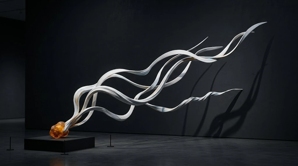 Thin white ribbons coming out of a small amber centre open out in different directions along a dark wall.