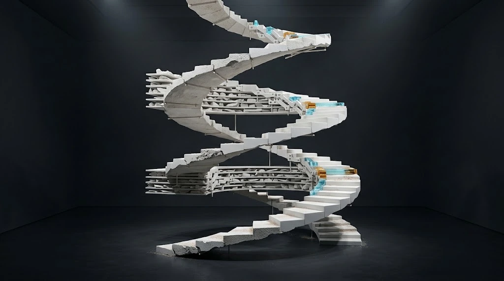 Horizontal shelves and small ice-blue and amber pieces are attached to a white staircase turning floor by floor.