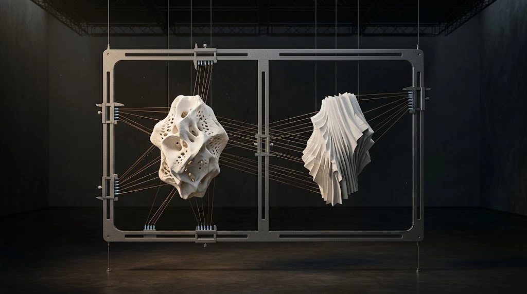 White sculptures with different textures hang by thin tension lines in two compartments of the same dark frame.