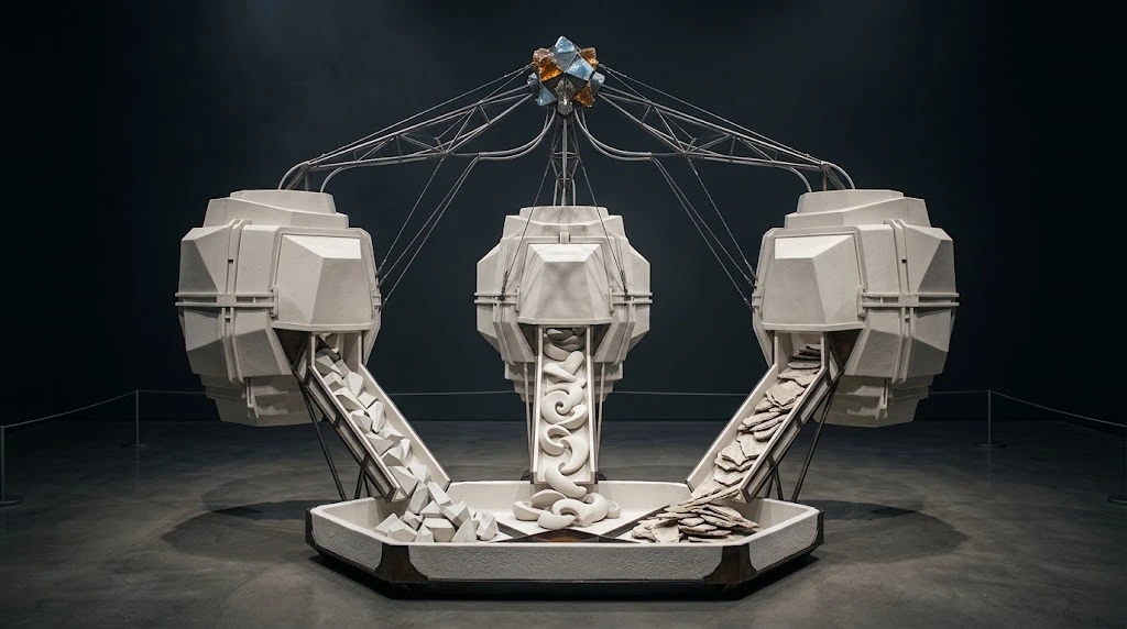 Three white apparatuses connected by thin lines to a small centre above lower differently shaped pieces onto a shared plinth.