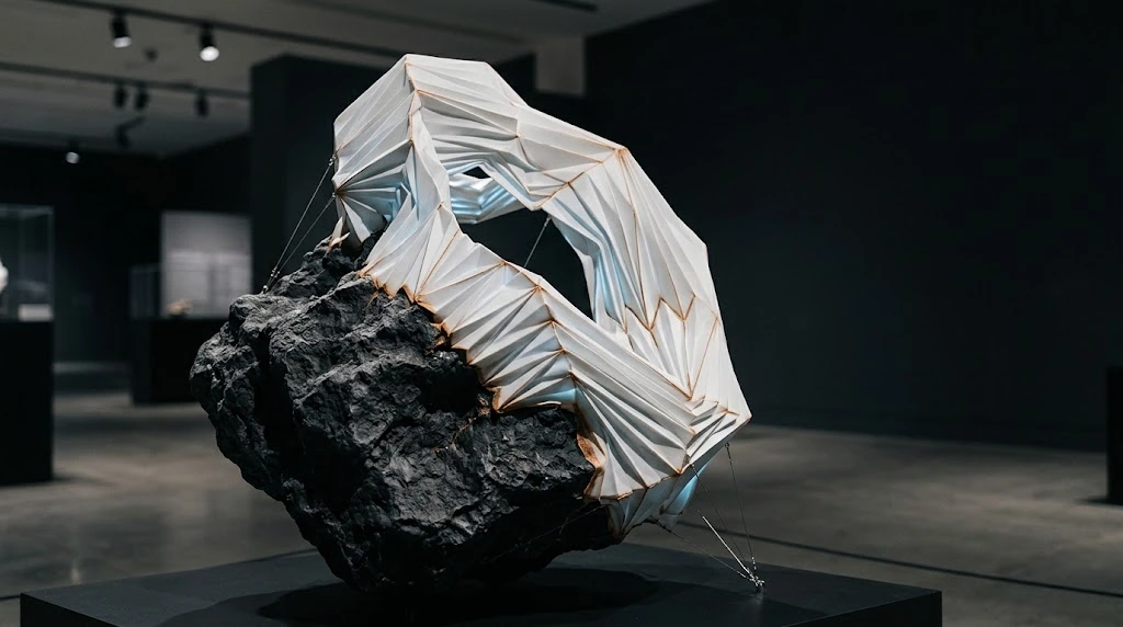 A curving white ribbon rising from around rough black stone forms a wide opening and turns back around itself.