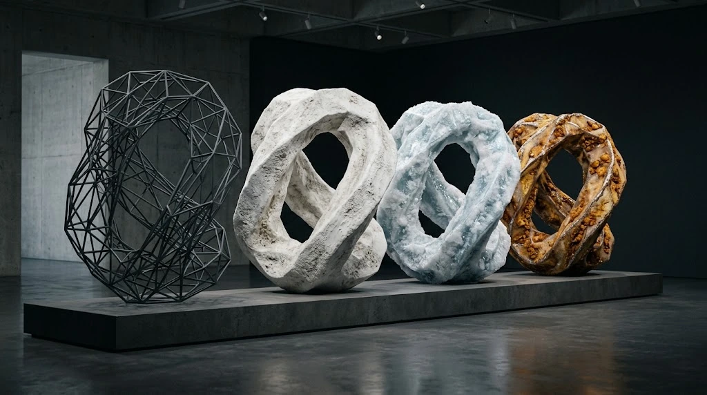 The same curving ring form is shown side by side in a dark wire skeleton and in white, ice-blue and amber mineral materials.