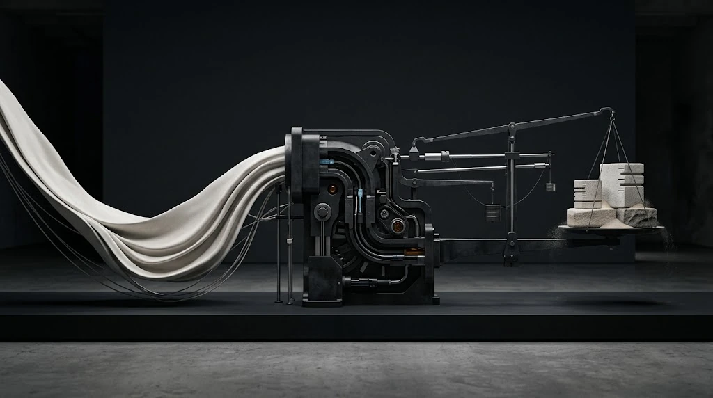 Curving white ribbons enter a dark mechanical apparatus, which connects to a precise arm carrying the objects on the right.