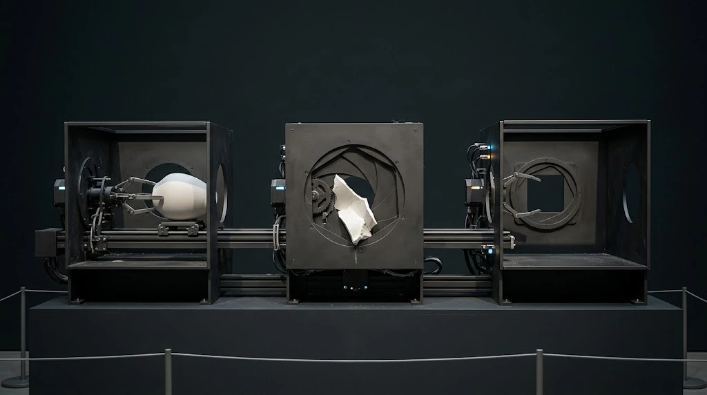 Three separate dark apparatuses on a rail form stages running from a raw white form on the left to a sharp piece in the middle.