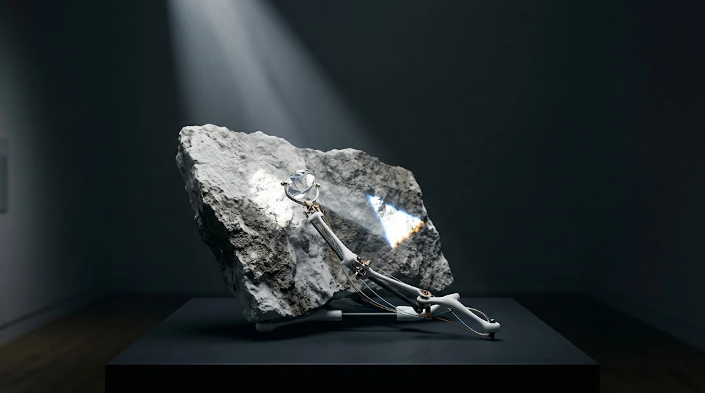 A small transparent lens facing a rough stone surface creates a more distinct lit area within a wide field of light.