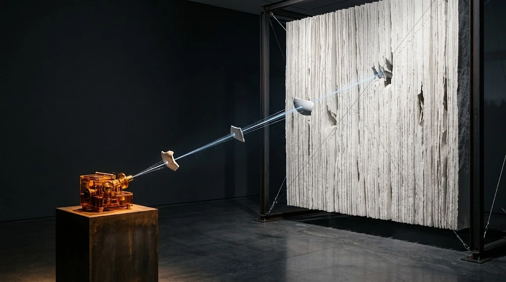 Pieces separated from a large white archive surface are carried along thin paths of light to a small amber structure.