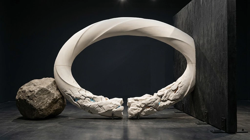 A large white ring turns into rough, spaced stone tips at the bottom; a rough rock stands beside it.