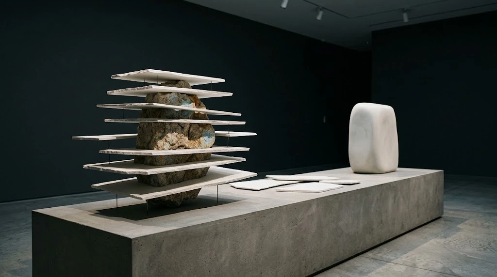 Thin white plates hang around a rough stone core; beside it are separate plates and a plain white reference object.