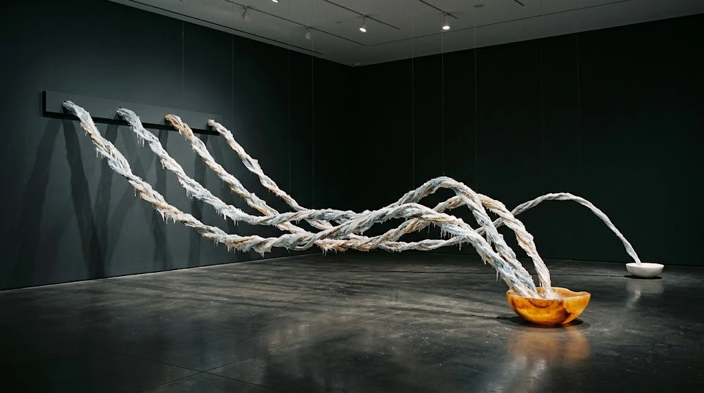 In a gallery, white mineral fibres arriving from separate branches mostly collect in an amber vessel, some in a separate white vessel.