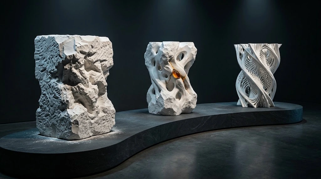 Three white sculptures stand on a curved dark plinth, running from a rough stone block to a hollowed form and a curving worked structure.