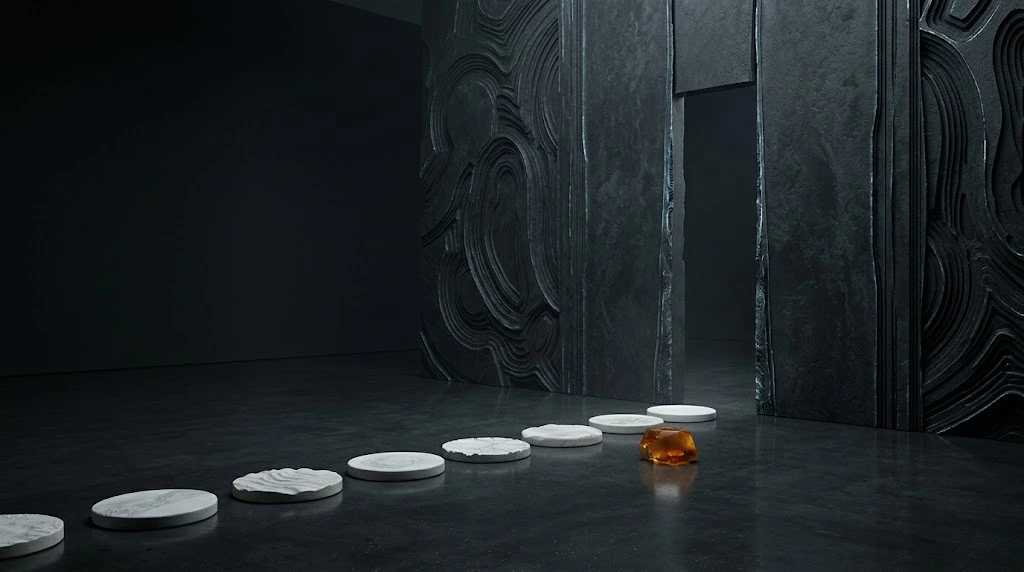 White round steps on the floor stand in front of a large, dark, layered door; a small amber piece lies at the edge.