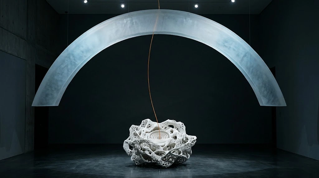 A wide, plain arch hangs above a tangled white knot; a thin line joins the two.