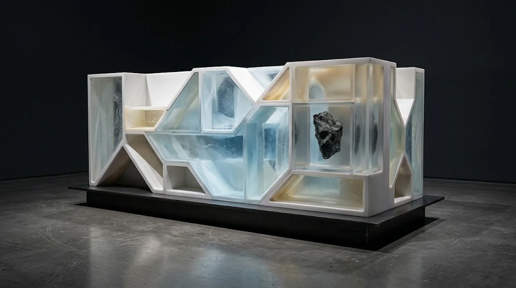 A dark, irregular piece of stone appears inside the flawless mould of a translucent sculpture with geometric compartments.