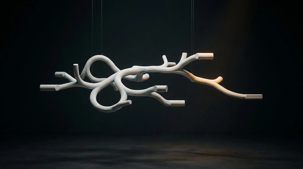 A light-coloured structure suspended in the air splits into different branches; one of the branches is highlighted with a warm light.
