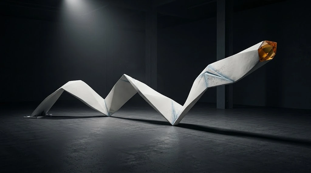 A single white surface advances in angular folds and rises, ending in an amber tip.