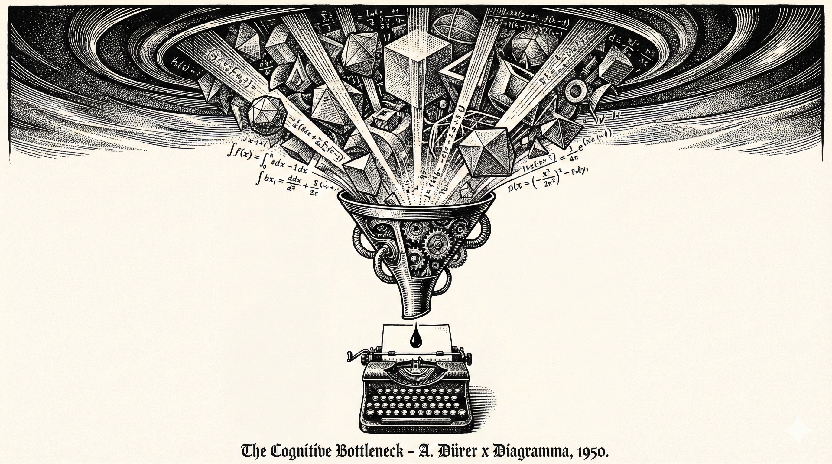 Devasa düşünce şelalesi küçük bir daktiloya akıyor - darboğaz metaforu