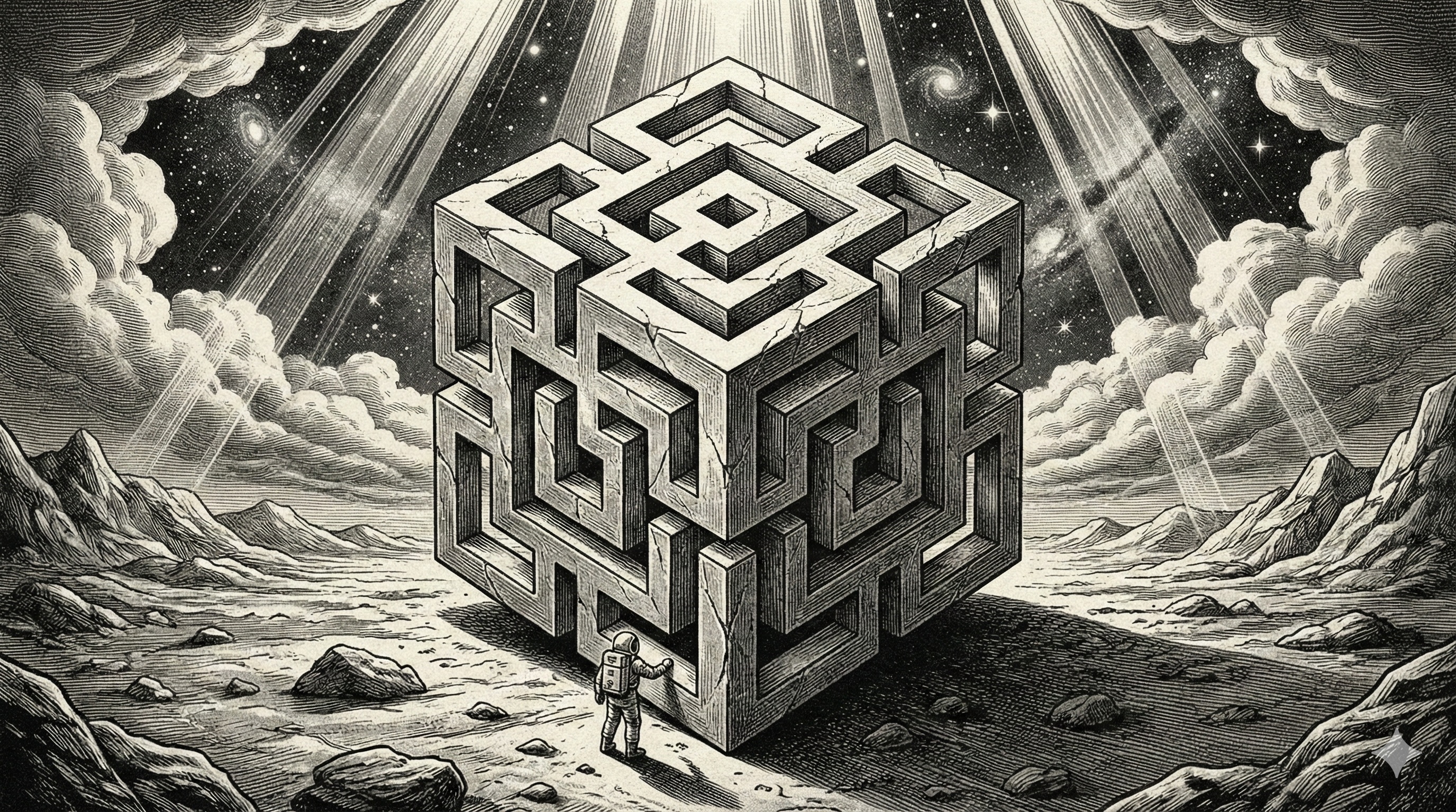 Kristalize düşünce monoliti - uzay yolcusu figürü dev yapının önünde