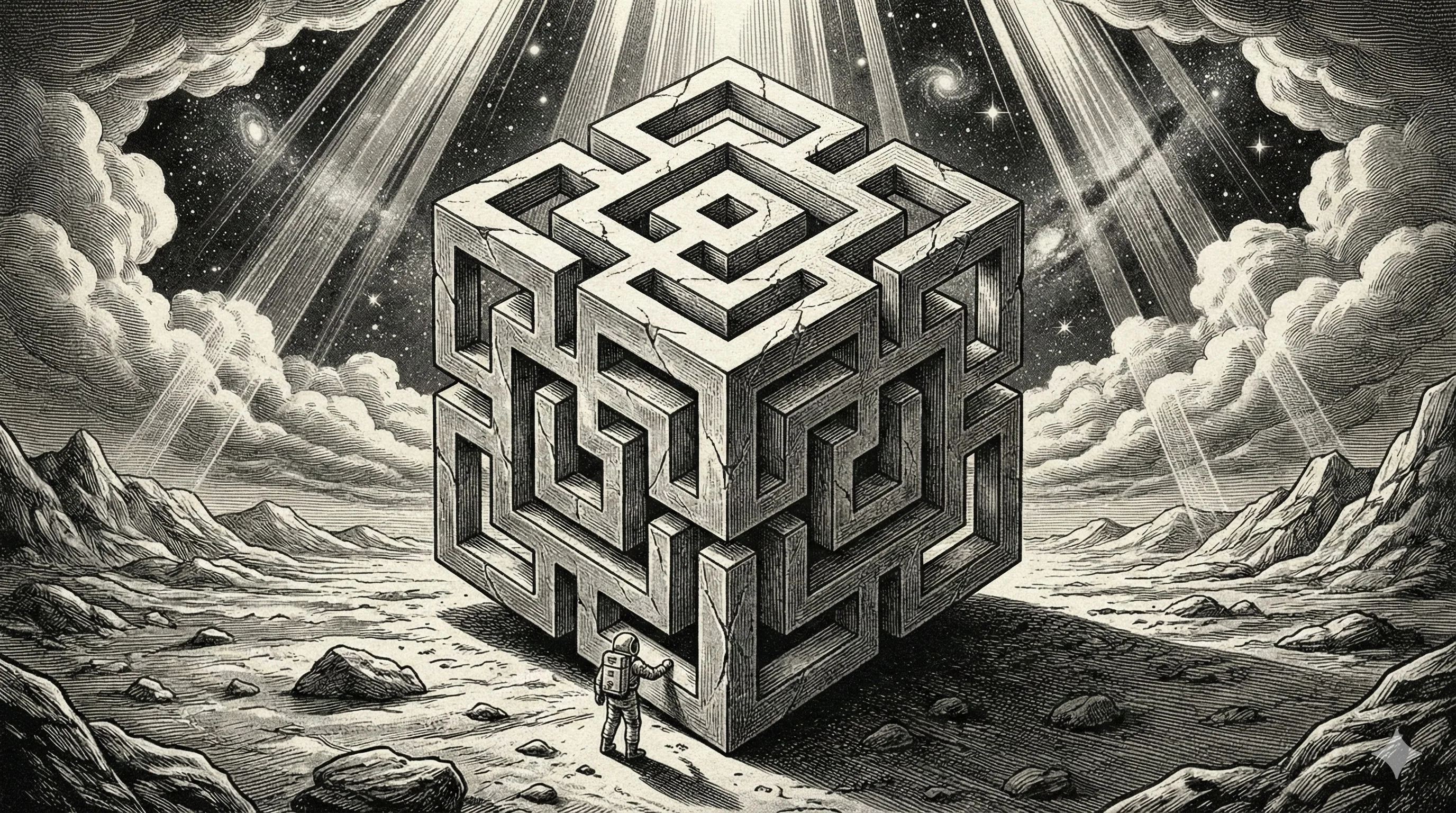 Kristalize düşünce monoliti - uzay yolcusu figürü dev yapının önünde